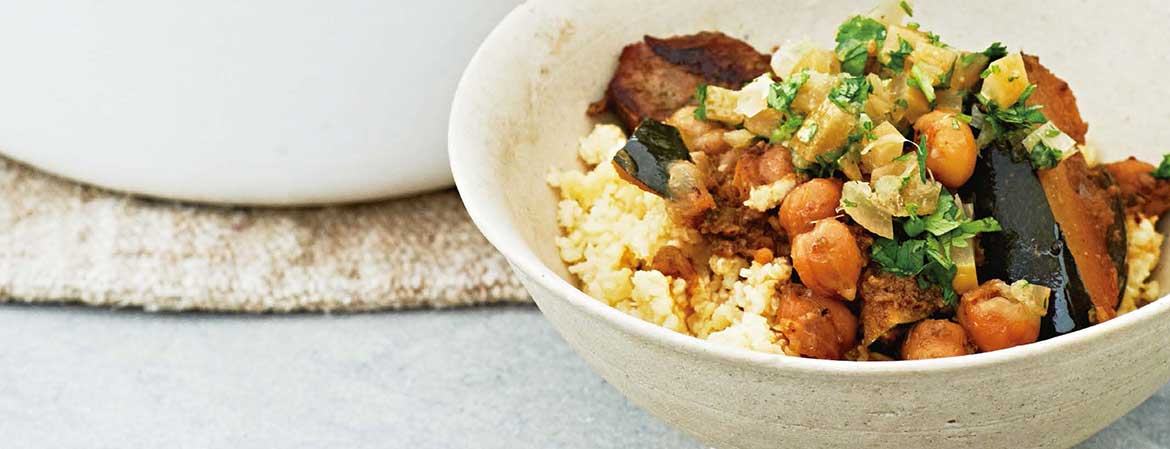 Tajine met lamsvlees, pompoen en kikkererwten