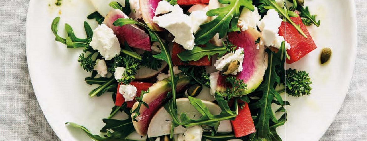 Salade meiknol, watermeloen, geitenkaas & pompoenpitten